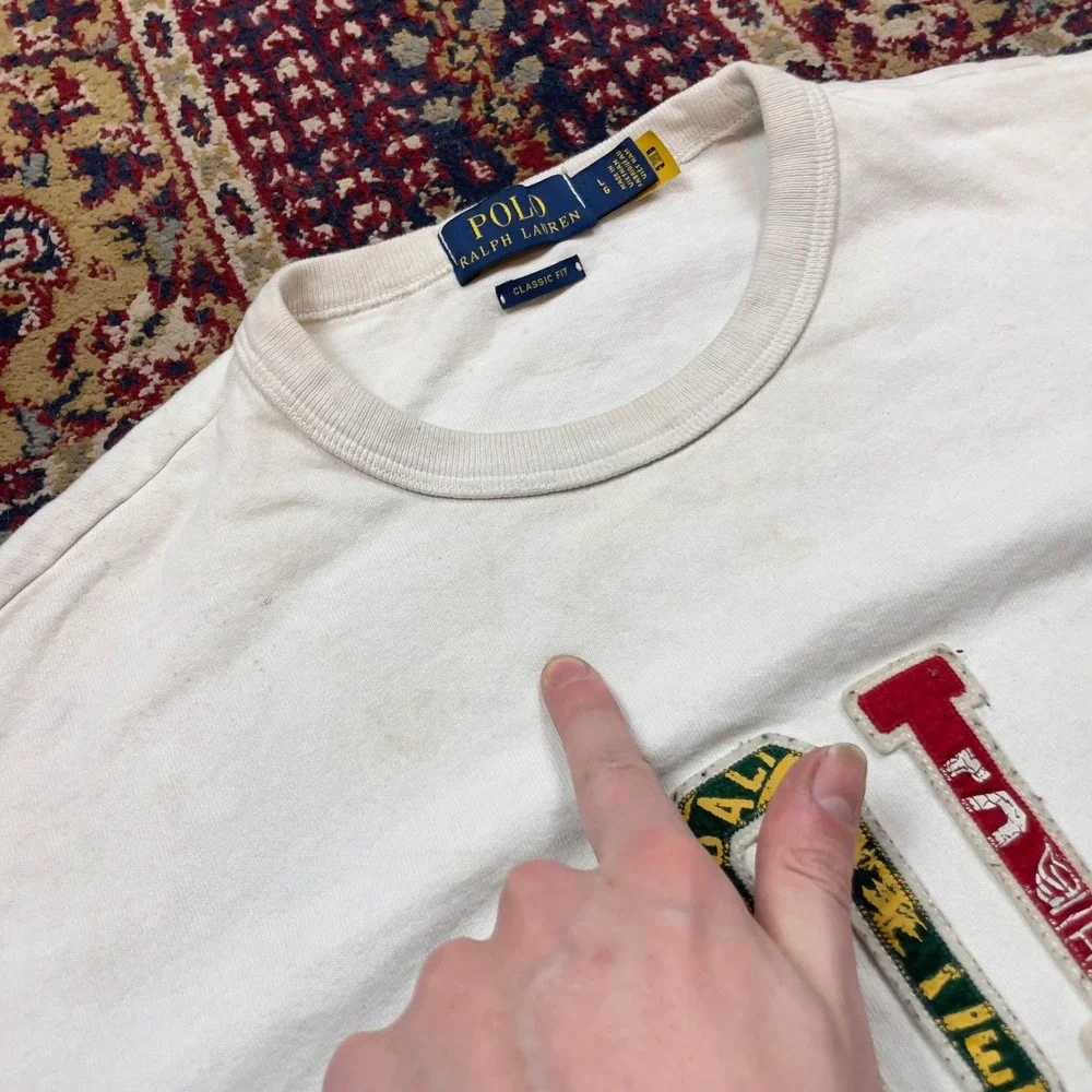 Polo Ralph Lauren Mens Classic Fit White Graphic Applique T-Shirt Large Stained